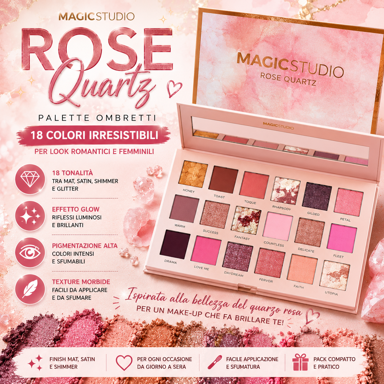 Magic Studio Rose Quartz – Palette Ombretti 18 Colori Romantic Glow 🌸