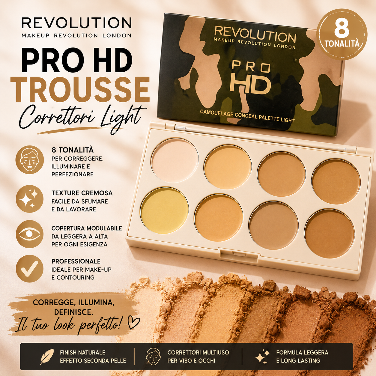 Revolution Pro HD Light – Palette Correttori Creamy 8 Tonalità ✨