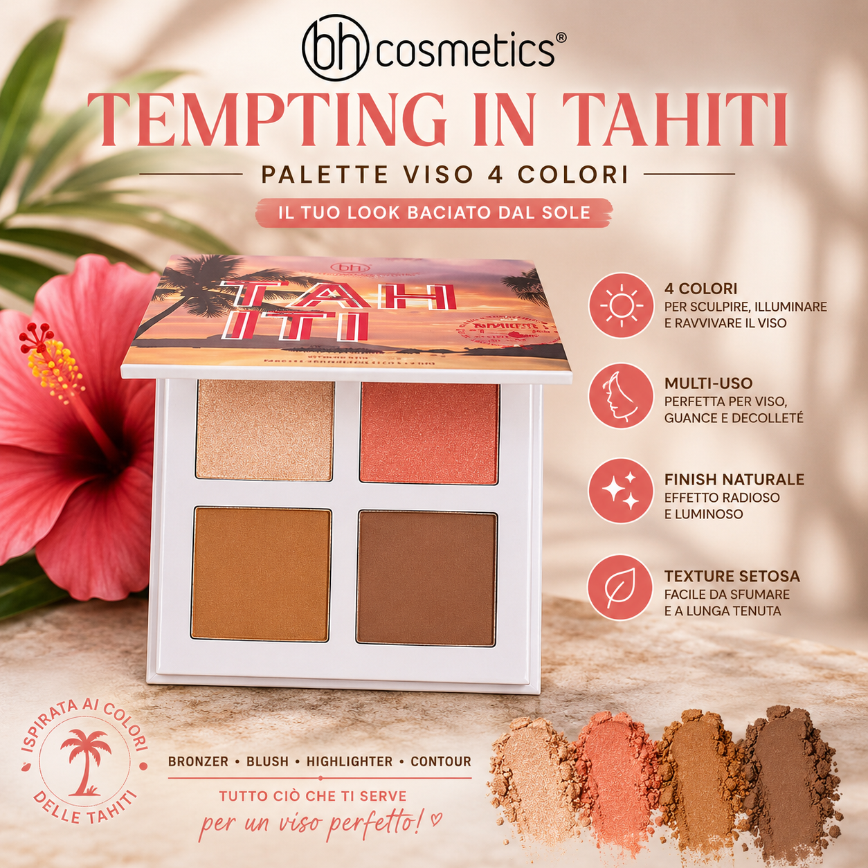 BH Cosmetics Tempting In Tahiti Palette Viso Bronzer & Illuminante 4 Colori