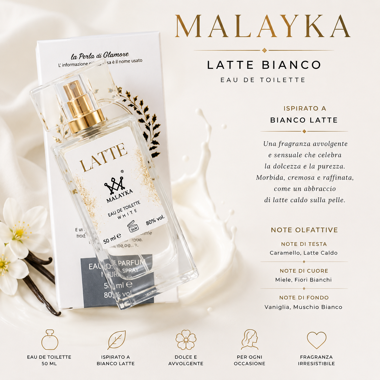 .	Malayka Latte Bianco EDT 50ML – Profumo Dolce e Cremoso Ispirato a Bianco Latte