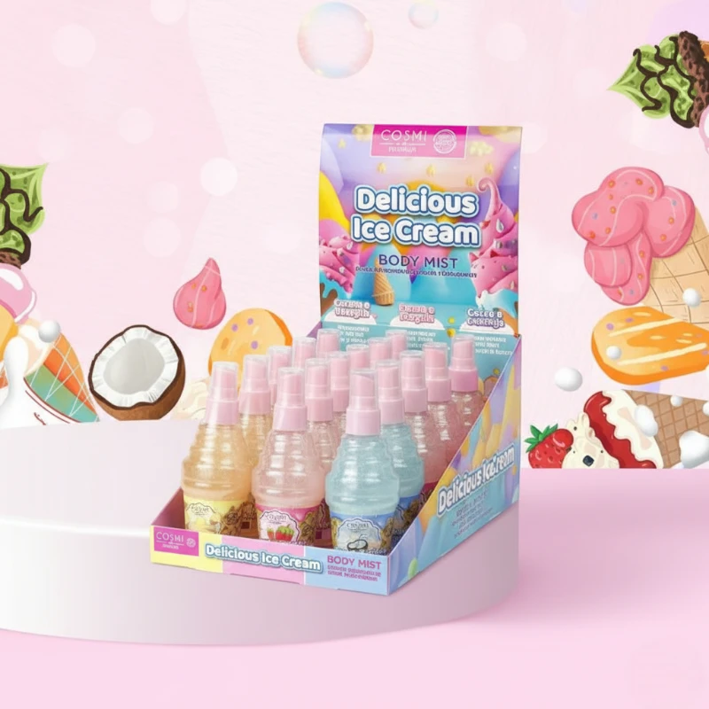 Acqua Profumata Glitterata" (Body Mist) di Cosmi, in diverse fragranze ispirate ai gelati.